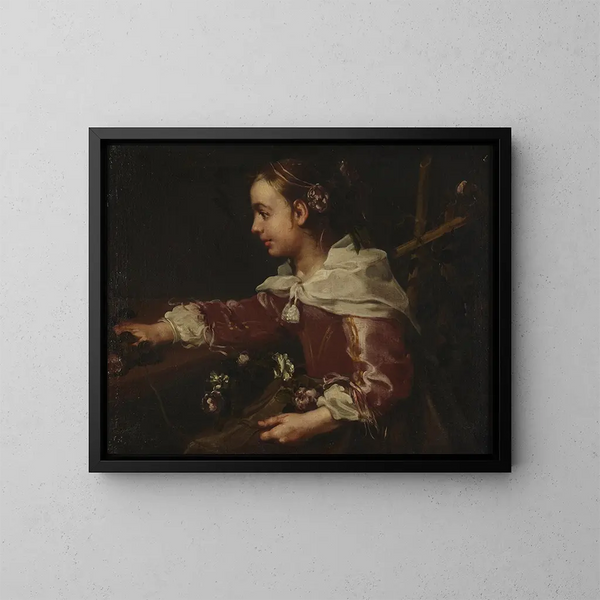 Mädchen sitzend mit Rosenkränzen - Bernhard Keil — gerahmtes Bild an der Wand