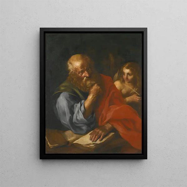 Ein Apostel, wahrscheinlich Matthäus, mit einem Engel - Schule von Bologna — gerahmtes Bild an der Wand
