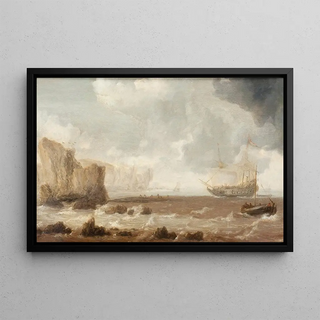 Bonaventura Peeters the Elder - A Dutch Battleship and Sailing Boats in Choppy Seas near a Rocky Coast.webp