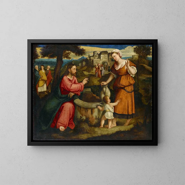 Der Christus und die Samariterin am Jakobsbrunnen in Sichar - Bonifacio Veronese — gerahmtes Bild an der Wand