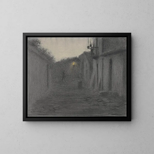 Gasse mit Straßenlaterne bei Dämmerung - Bramine Hubrecht — gerahmtes Bild an der Wand