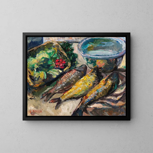 Natur stillleben mit drei Fischen - Broncia Koller-Pinell — gerahmtes Bild an der Wand