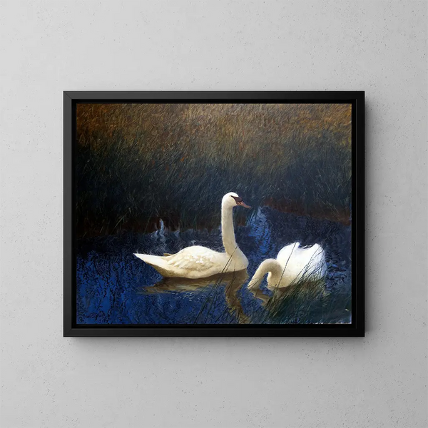 Cygnes dans les roseaux - Bruno Liljefors — gerahmtes Bild an der Wand