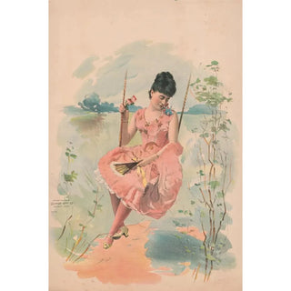Calvert Litho Co - Woman wearing a pink dress with gold stars sitting on a swing.webp