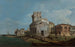 Venezianisches Caprice mit einer ovalen Kirche in der Nähe der Lagune - Canaletto — Ansicht des Kunstwerks