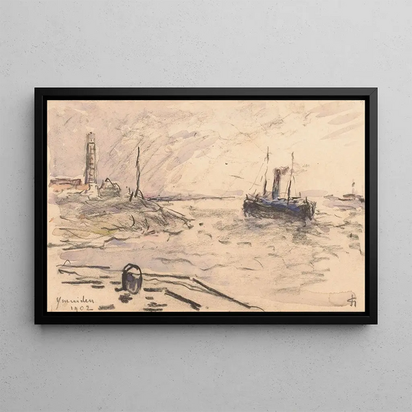 Carel Nicolaas Storm van sGravesande - Gezicht op de kust van IJmuiden met vuurtoren en schip.webp