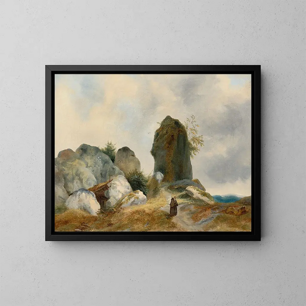 Ein felsiges Landschaftsbild mit einem Einsiedler - Carl Blechen — gerahmtes Bild an der Wand