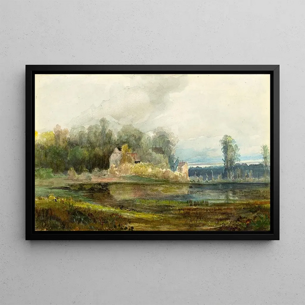 Teich mit Wald und Häuser - Carl Blechen — gerahmtes Bild an der Wand