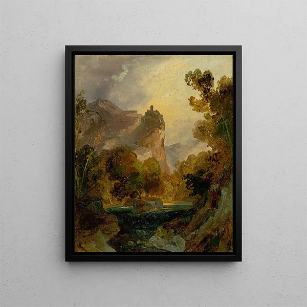Ansicht eines Flusstals in den Bergen mit einer Burg auf einem hohen Felsen - Carl Blechen — gerahmtes Bild an der Wand