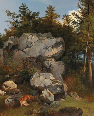 Carl Borromus Andreas Ruthart - Burde Fuchs mit Beute in felsiger Landschaft.webp