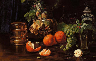 Carl Carlsen - Opstilling med appelsiner druer blomster og forskellige krukker.webp