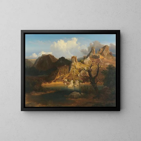 Landschaft mit steilen Klippen und Bergsee - Carl Dahl — gerahmtes Bild an der Wand