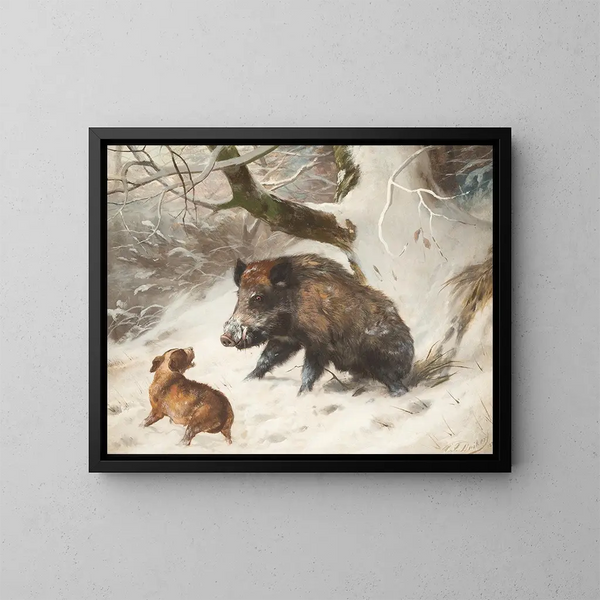 Hund auf der Jagd nach einem Wildschwein - Carl Friedrich Deiker — gerahmtes Bild an der Wand