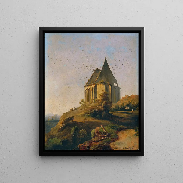 Carl Geylings Kirchenruine schwarz gerahmt an einer hellen Wand