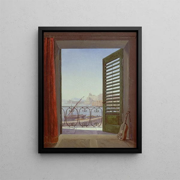 Schlafzimmer mit Balkon und Blick auf die Bucht von Neapel über Santa Lucia und das Castel dell'Ovo - Carl Gustav Carus — gerahmtes Bild an der Wand