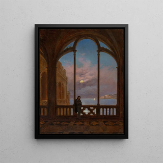 Carl Gustav Carus - Mondnacht am italienischen Meer mit einem versunkenen Leser am gotischen Fenster.webp