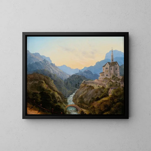 Landschaft mit Berg, Flusstal und Abtei im Abendlicht - Carl Gustav Carus — gerahmtes Bild an der Wand