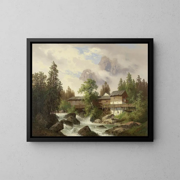 Landschaft mit Sägewerk - Carl Hasch — gerahmtes Bild an der Wand