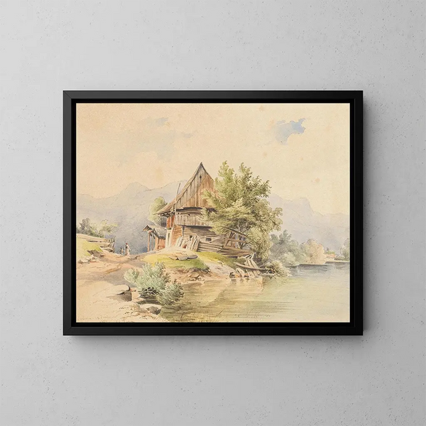 Hütte aus Holz am Seeufer - Carl Lafitte — gerahmtes Bild an der Wand