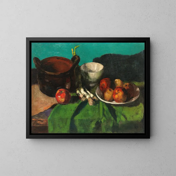 Naturstillleben mit Äpfeln und Frühlingszwiebeln - Carl Schuch — gerahmtes Bild an der Wand