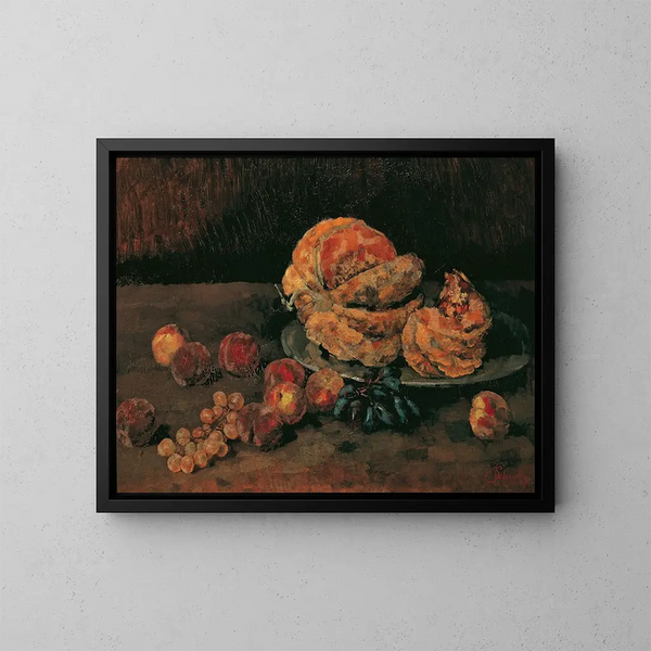 Stillleben mit Kürbis, Pfirsich und Trauben - Carl Schuch — gerahmtes Bild an der Wand
