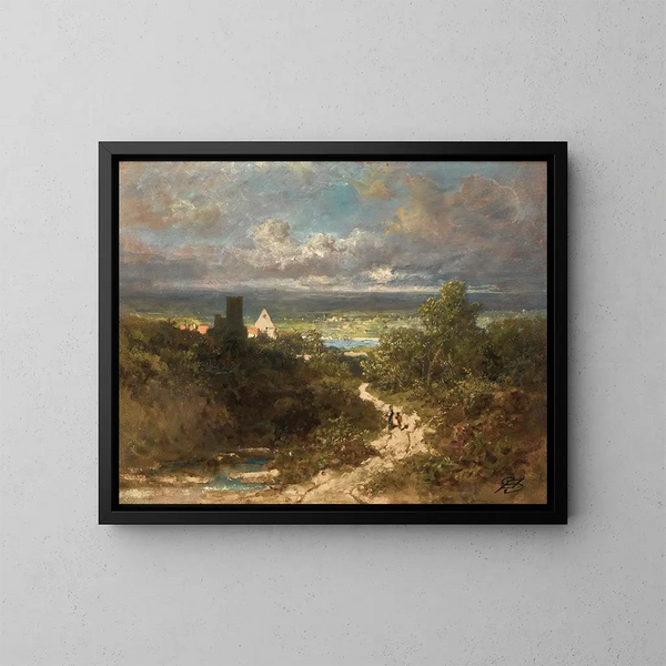 Landschaft mit Fluss - Carl Spitzweg — gerahmtes Bild an der Wand