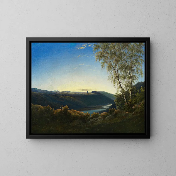 Landschaft der Elbe bei Sonnenaufgang - Carl Wagner — gerahmtes Bild an der Wand