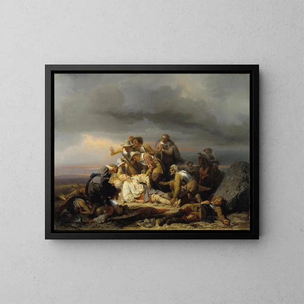 Die Entdeckung des Körpers von König Gustav II. Adolf von Schweden nach der Schlacht bei Lützen - Carl Wahlbom — gerahmtes Bild an der Wand