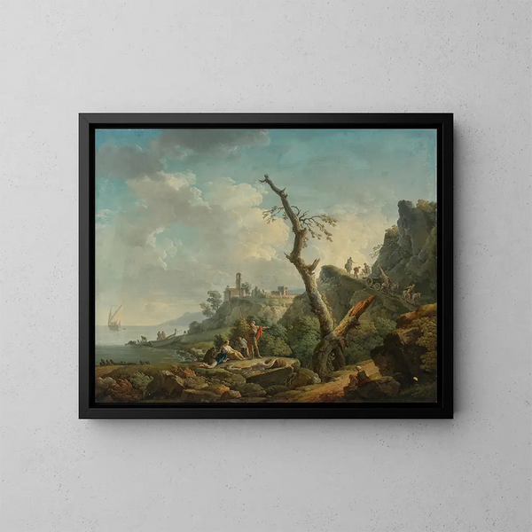 Ein Flusslandschaft mit liegenden Figuren im Vordergrund - Carlo Bonavia — gerahmtes Bild an der Wand
