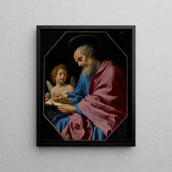 Matthäus schreibend sein Evangelium - Carlo Dolci — gerahmtes Bild an der Wand