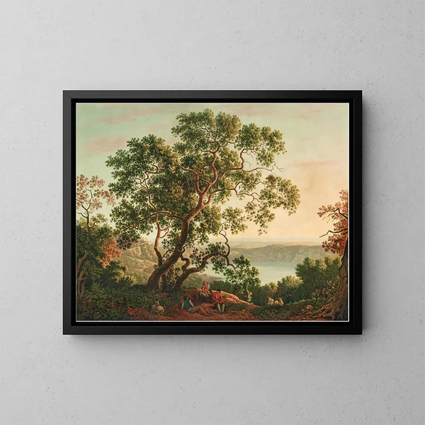 Der See Nemi bei Dämmerung mit Figuren und einer Ziegenherde, die sich im Vordergrund ausruht - Carlo Labruzzi — gerahmtes Bild an der Wand