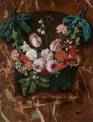 Carstian Luyckx - A garland of tulips roses lilies of the valley and other flowers suspended from blue ribbons before a marble alcove with butterflies and caterpillars.webp