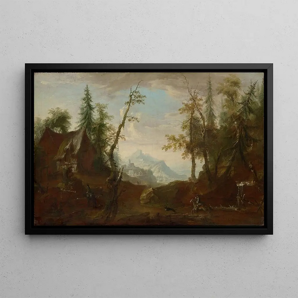 "Ferme dans une clairière forestière avec cavaliers" - Caspar Wolf — gerahmtes Bild an der Wand