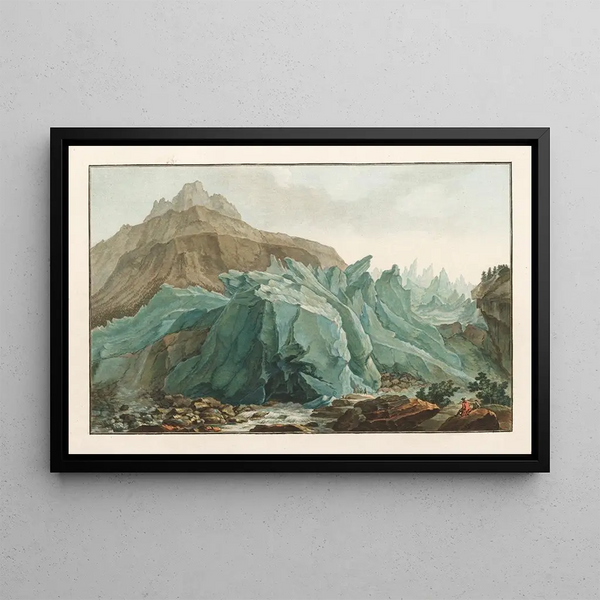 La Lütschine, die aus dem unteren Gletscher von Grindelwald fließt - Caspar Wolf — gerahmtes Bild an der Wand