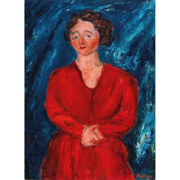 Die Frau in Rot vor Blau - Chaïm Soutine — gerahmtes Bild an der Wand