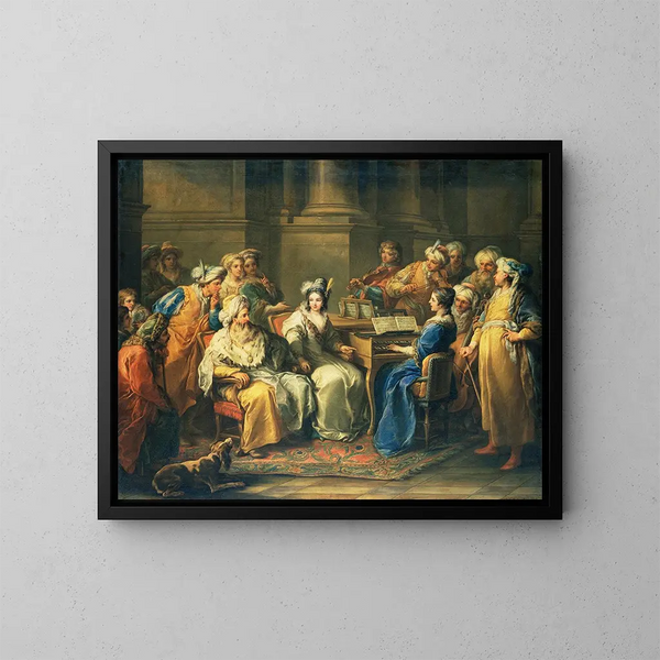 Der große Herrscher gibt seiner Geliebten ein Konzert - Charles André van Loo — gerahmtes Bild an der Wand
