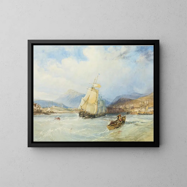 Bateaux au large d'une ville dans un paysage montagneux - Charles Bentley — gerahmtes Bild an der Wand