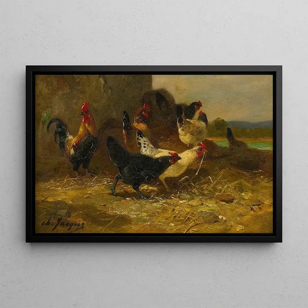 Hühner und Hähne - Charles Émile Jacque — gerahmtes Bild an der Wand