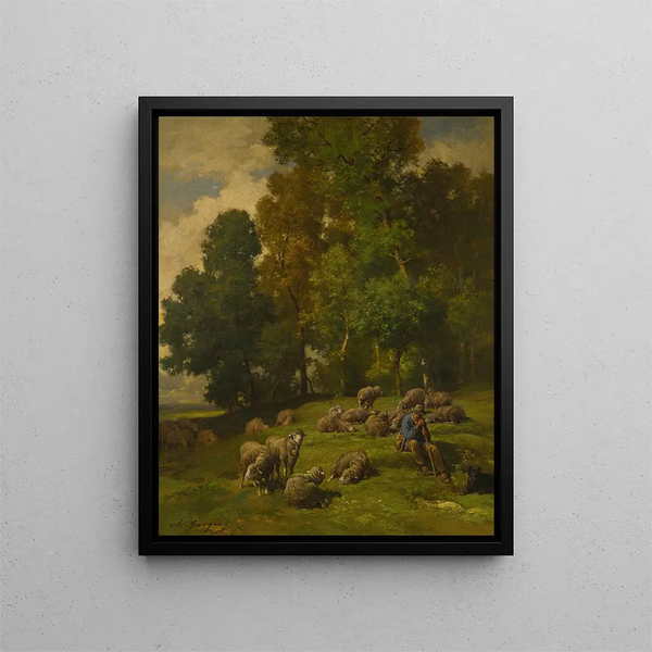 Berger in einem Feld mit seiner Herde - Charles Émile Jacque — gerahmtes Bild an der Wand