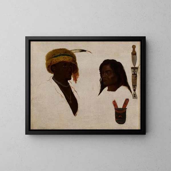 Studien von zwei Indianern, Messer und Etui mit Perlen verziert - Charles Ferdinand Wimar — gerahmtes Bild an der Wand