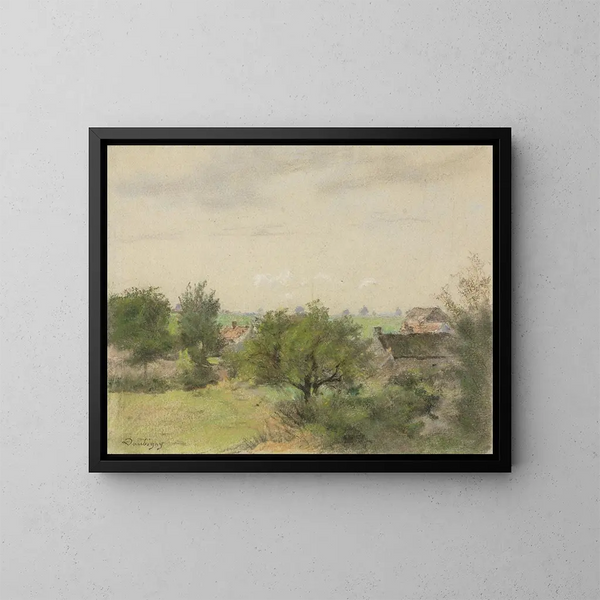 Landschaft mit Häusern zwischen Bäumen - Charles François Daubigny — gerahmtes Bild an der Wand