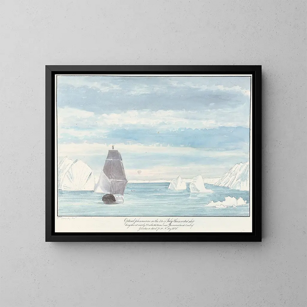 des Phänomens optique eines umgekehrten Schiffes am Horizont nahe der Küste von Jameson Land in Grönland - Charles Hamilton Smith — gerahmtes Bild an der Wand