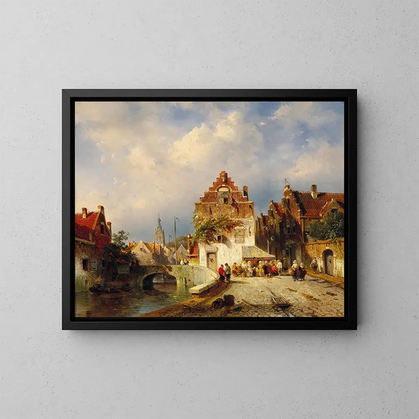 Eine Dorfszene mit einer Brücke - Charles Leickert — gerahmtes Bild an der Wand