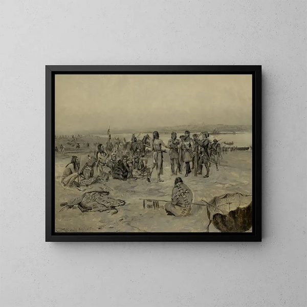Begegnung von Lewis und Clark mit den Mandans - Charles Marion Russell — gerahmtes Bild an der Wand