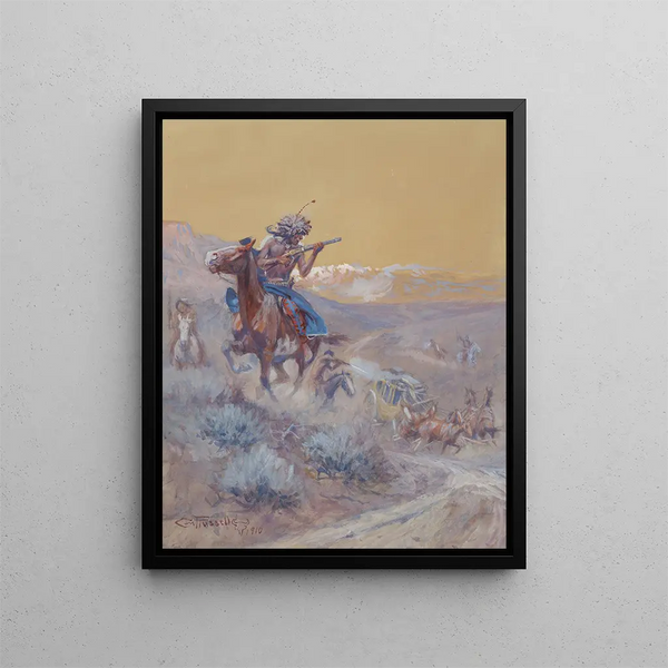 Die Szene vor uns war von Indianern angegriffen und in Brand gesteckt worden. Indianerangriff - Charles Marion Russell — gerahmtes Bild an der Wand
