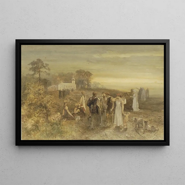 des Mönche, die zu einer Kirche gehen, beobachtet von einer Gruppe von Germanen - Charles Rochussen — gerahmtes Bild an der Wand