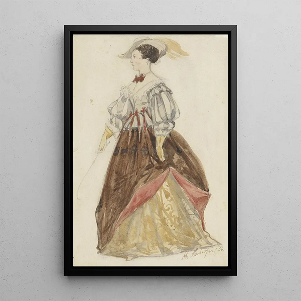 Frau in prächtigem Kostüm mit Hut und Peitsche in der Hand - Charles Rochussen — gerahmtes Bild an der Wand