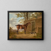 Ein brauner Jagd-Pferd mit zwei Hunden vor einem Stall - Charles Towne — gerahmtes Bild an der Wand