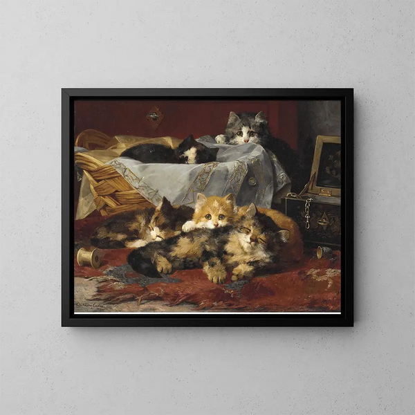 Kätzchen in einem Korb - Charles Van Den Eycken — gerahmtes Bild an der Wand