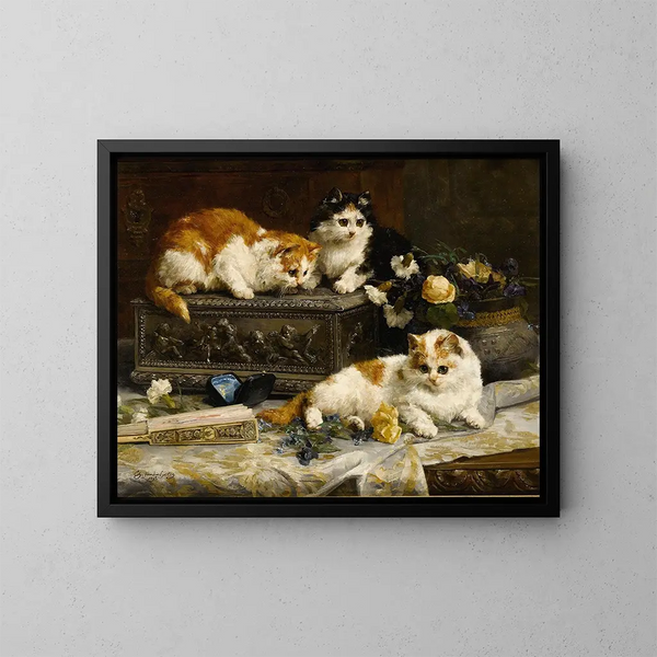 Drei wachsame Kätzchen - Charles Van Den Eycken — gerahmtes Bild an der Wand